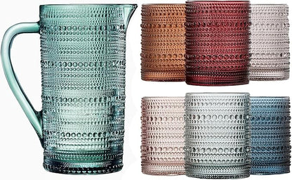 Khen Hobnail Beaded Pitcher & Tumbler Glasses Set | Set of 6 Glasses & Carafe| by Khen