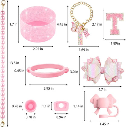 9PCS Pink for Stanley Cup Accessories Set Bling Initials Bow Charms for Stanley - Image 3