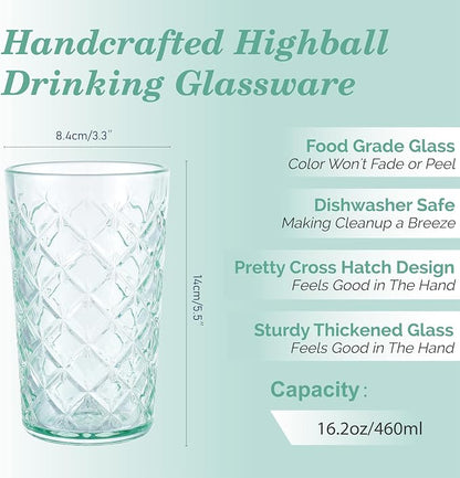 CREATIVELAND Drinking Highball Glasses Set of 4, Vintage Cross Hatch Glass Cups - Image 2