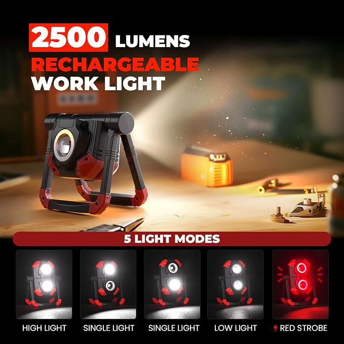 YZONI 2 Pack LED Work Light Rechargeable, 2 COB 2500LM Folding Portable Flood - Image 2