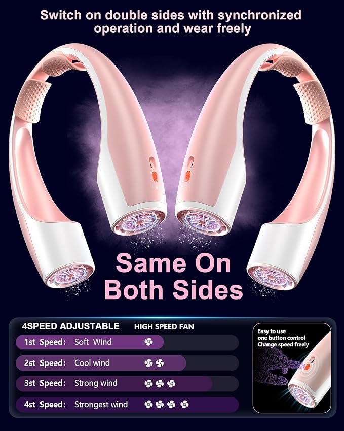 Rohent Neck Fans for Women Rechargeable: High Velocity 4 Speeds Cooling - Image 4
