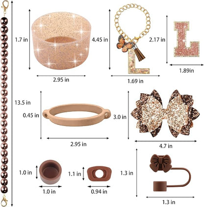 9PCS Brown for Stanley Cup Accessories Set Bling Initials Bow Charms for - Image 3