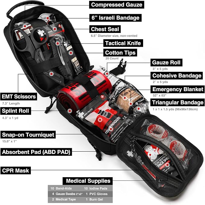 Survival First Aid Kit with Israeli Bandage, Chest Seal, Tourniquet, Tactical - Image 3