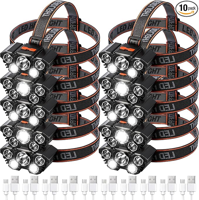 10 Pack Rechargeable Headlamp, USB Rechargeable LED Head Lamp Bulk, 4 Mode 90° by VIHOSE