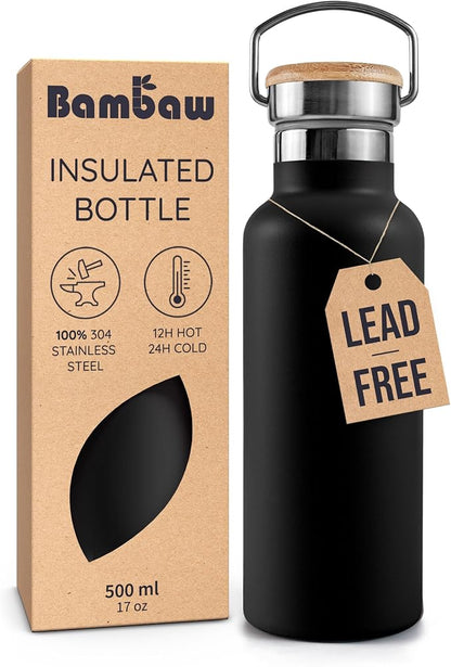 Bambaw 16 oz Stainless Steel Water Bottle, Metal Water Bottle Insulated by Bambaw