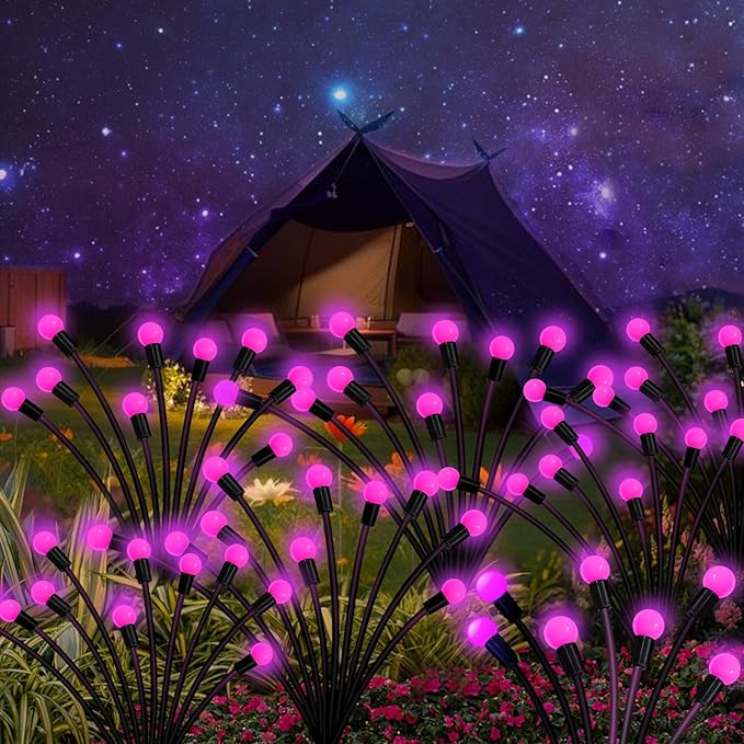 Kohlrabi Solar Garden Lights Outdoor, 6 Pack 48 LED Pink Firefly Lights - Image 6