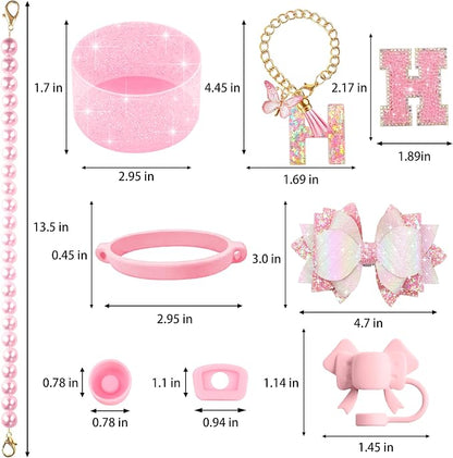 9PCS Pink for Stanley Cup Accessories Set Bling Initials Bow Charms for Stanley - Image 3