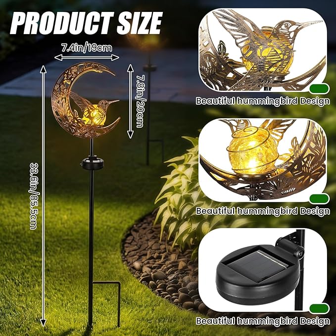 VIHOSE Solar Hummingbird Outdoor Lights Waterproof Moon Garden Stake Lights - Image 2