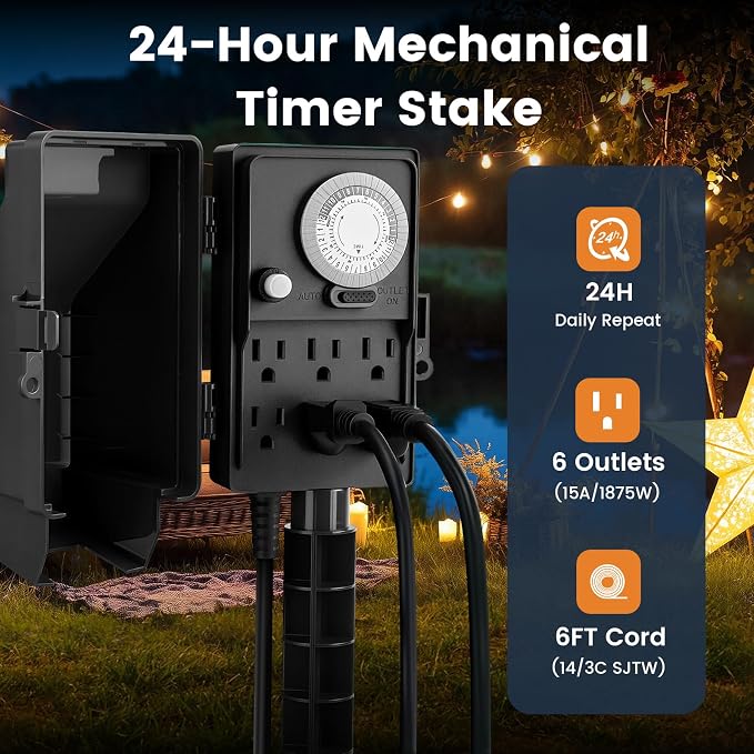 SURAIELEC Outdoor Power Stake, 24-Hour Mechanical Light Timer, Electrical Power - Image 5