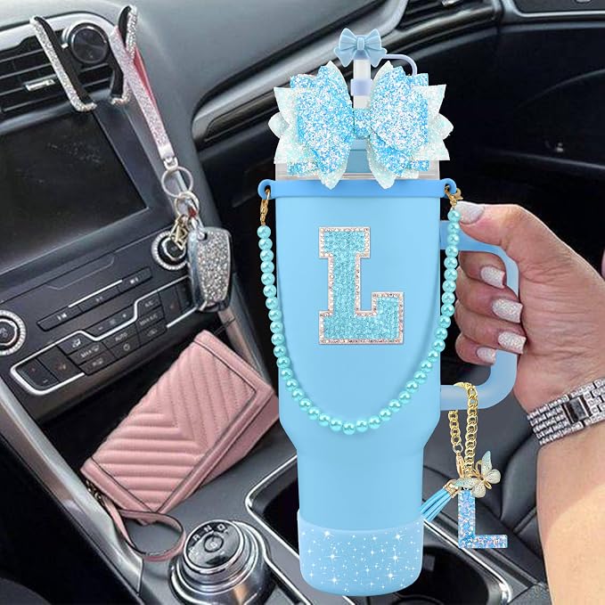 9PCS Blue for Stanley Cup Accessories Set Bling Initials Bow Charms for Stanley - Image 6
