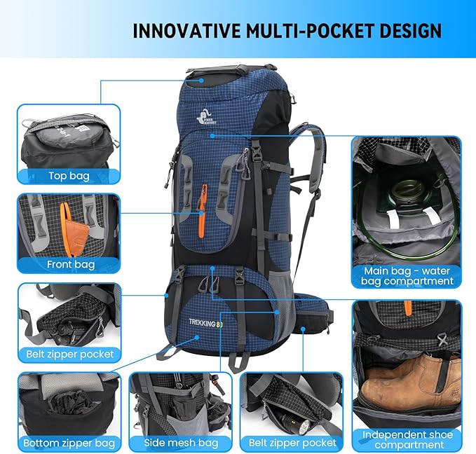 Bseash 80L Waterproof Hiking Camping Backpack - Image 3