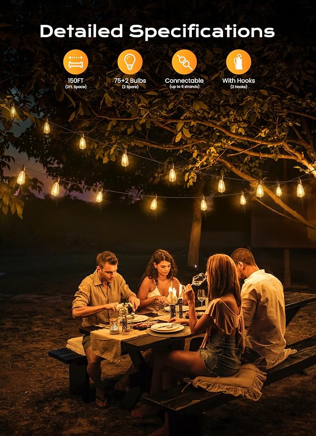 Brightown Outdoor String Lights, 150FT 75+2 LED ST38 LED Patio Lights - Image 2