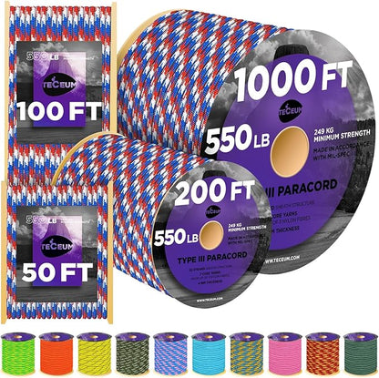TECEUM Reflective Paracord Rope 1000 – 1000ft/200ft/100ft/50ft – 40+ Colors – by TECEUM