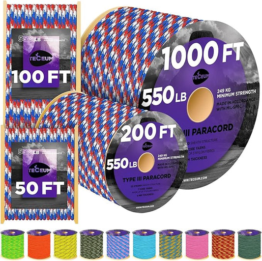 TECEUM Reflective Paracord Rope 1000 – 1000ft/200ft/100ft/50ft – 40+ Colors – by TECEUM