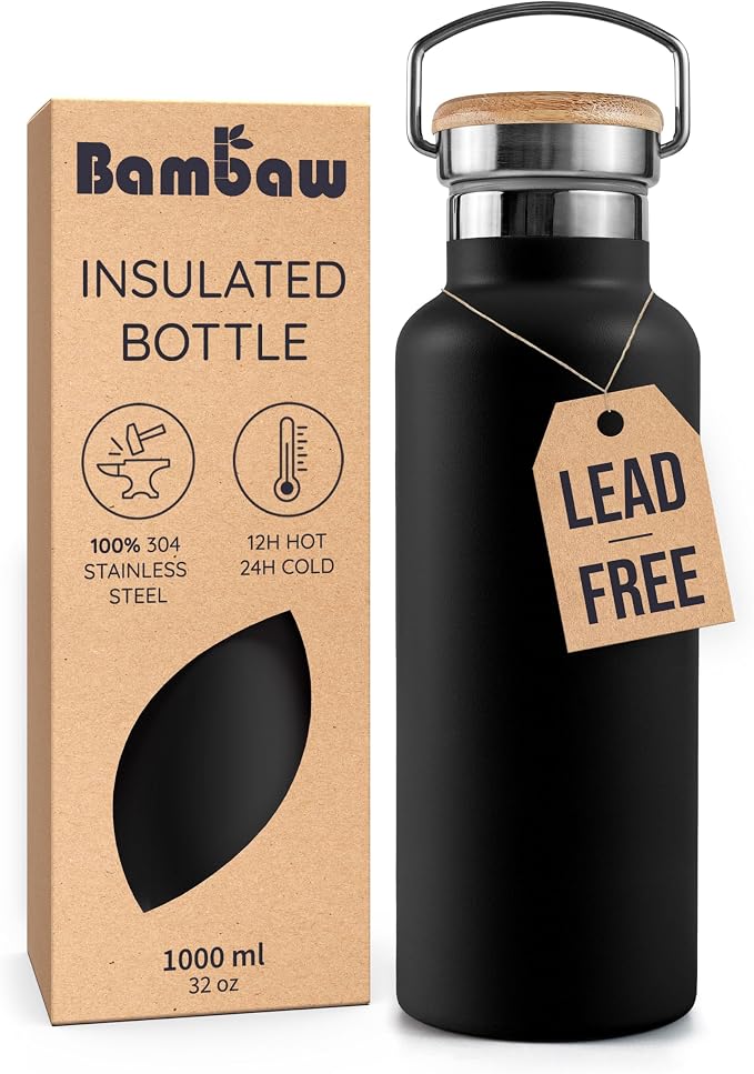 Bambaw Insulated Water Bottle 32 oz, Wide Mouth Stainless Steel Water Bottle by Bambaw