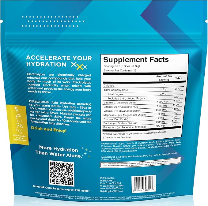 HydroMATE Electrolyte Powder Lemon Lime Hydration Packets Low Sugar 16 Count - Image 4