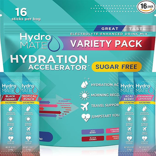 Electrolyte Powder Sugar-Free Hydration Packets Variety Pack HydroMATE 16 Sticks by HydroMATE