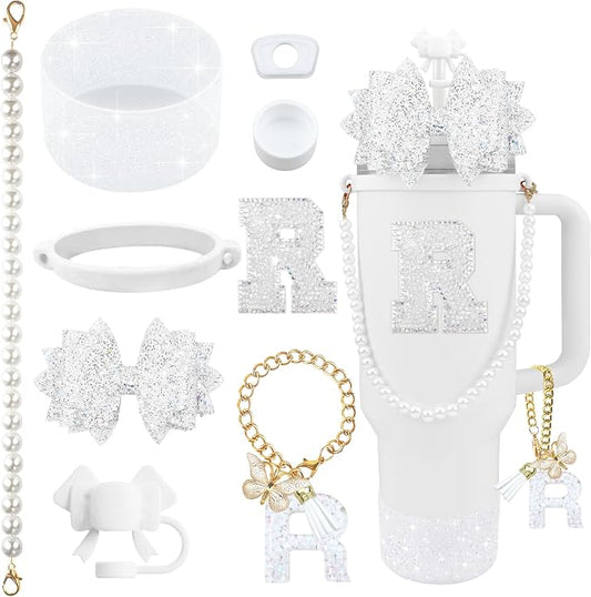 9PCS White for Stanley Cup Accessories Set Bling Initials Bow Charms for by Unknown
