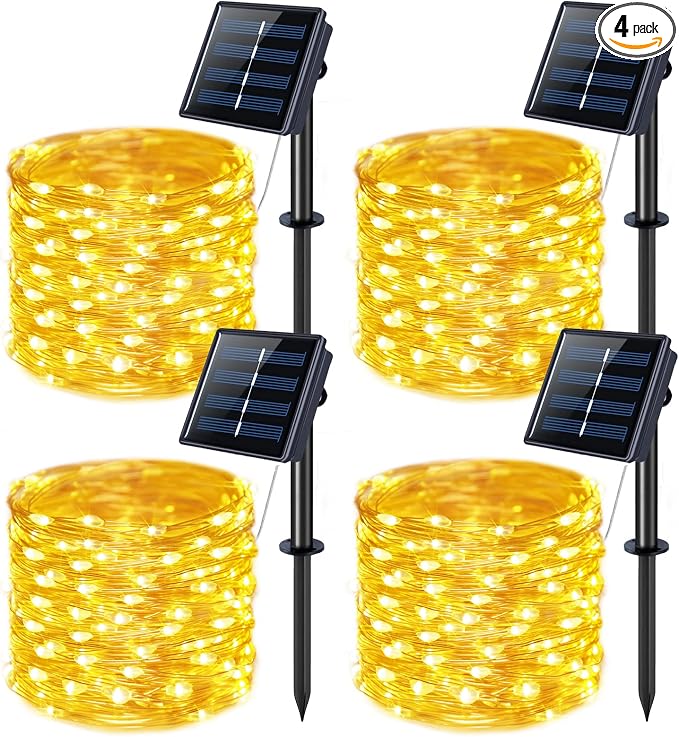 JMEXSUSS 4 Pack 100 LED Solar Fairy Lights, 33ft Warm White Solar String Lights by JMEXSUSS