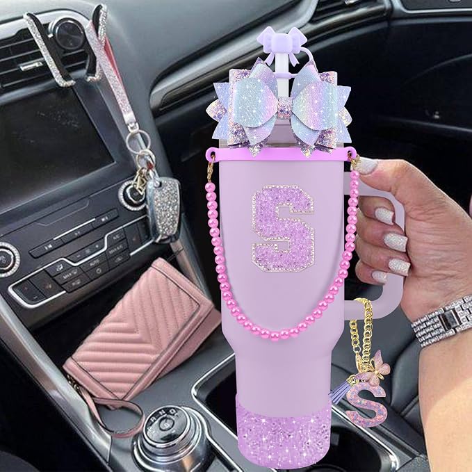 9PCS Purple for Stanley Cup Accessories Set Bling Initials Bow Charms for - Image 6