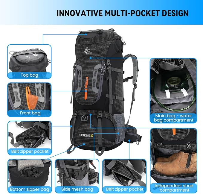 Bseash 80L Waterproof Hiking Camping Backpack - Image 3