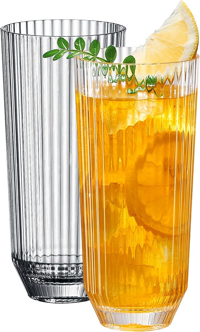 Khen Plastic Acrylic Ribbed Drinking Glasses – Set of 2 Clear 11.8oz Tritan by Khen