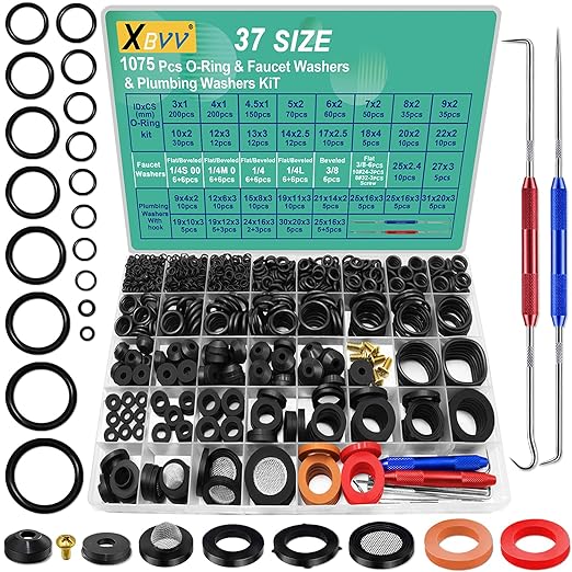 XBVV 37 Size 1075 Pcs Faucet Washers & O-Rings Kit & Plumbing Gasket 3-in-1 by XBVV