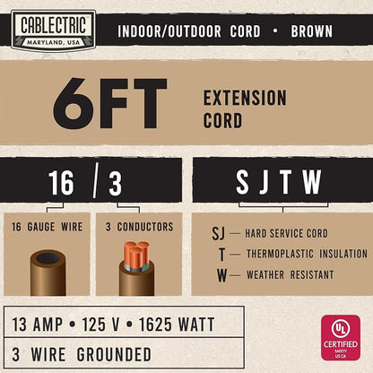 Brown Outdoor Extension Cord 6 Ft, 16/3 Heavy Duty Cable - Image 2