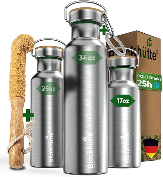 Blockhütte Vacuum Insulated Stainless Steel Water Bottle - 17 oz I Wide Mouth by Blockhuette