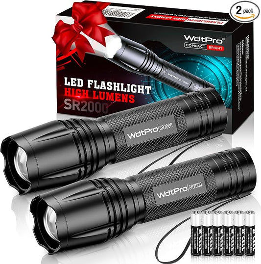 WdtPro LED Flashlight High Lumens SR2000 Pro, 2 Pack Brighter Tactical by WdtPro