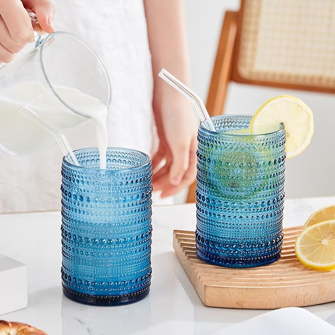 HomeVogue 15 oz Blue Hobnail Drinking Glasses - Image 4