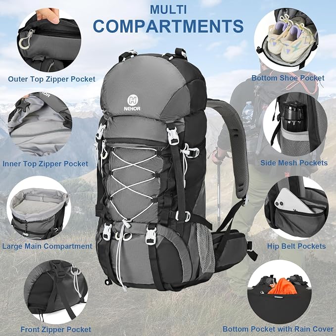 60L Hiking Backpack, Water Resistant Camping Backpack - Image 3