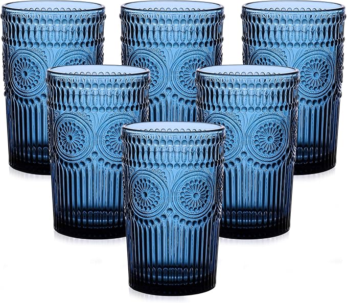 ZMOWIPDL Vintage Glassware Drinking Glasses Set of 6, 13 oz Blue Textured by ZMOWIPDL