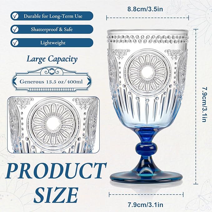 XUWAIDSGN 12Pcs Plastic Vintage Wine Glasses 13.5oz Reusable Embossed Goblet - Image 4