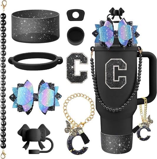 9PCS Black for Stanley Cup Accessories Set Bling Initials Bow Charms for by Unknown