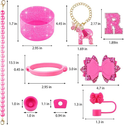 9PCS Hot Pink for Stanley Cup Accessories Set Bling Initials Bow Charms for - Image 3