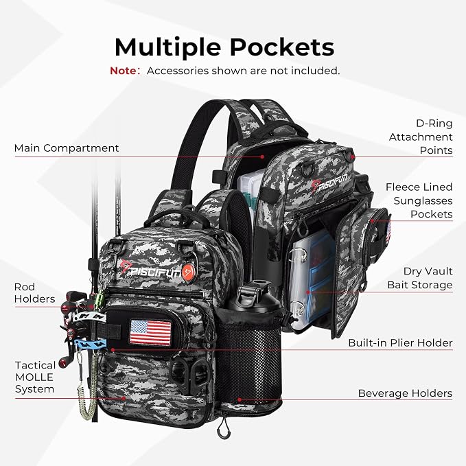 Piscifun Fishing Tackle Backpack, Convertible Sling or Waist Pack, 16-Pocket - Image 4