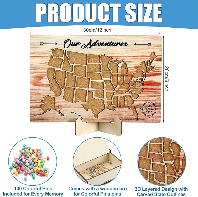 Cork Board USA Travel Map with Push 100 Pin and Wooden Storage Box 12" x 8" - Image 2