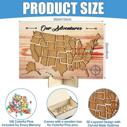 Cork Board USA Travel Map with Push 100 Pin and Wooden Storage Box 12" x 8" - Image 2