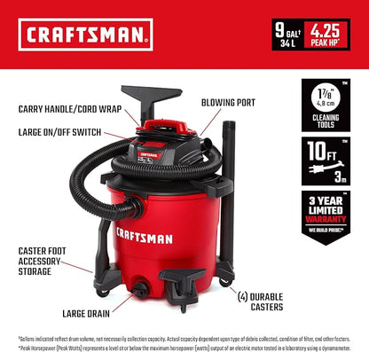 CRAFTSMAN CMXEVBE18590 9 Gallon 4.25 Peak HP Wet Dry Vac, Portable Shop Vacuum - Image 2