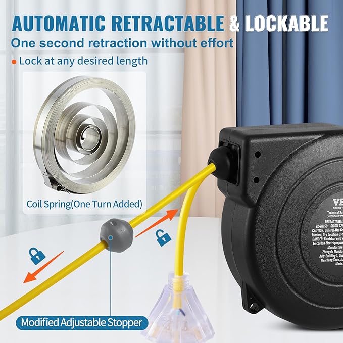 VEVOR Retractable Extension Cord Reel, 45 FT, Heavy Duty 12AWG/3C SJTOW - Image 5