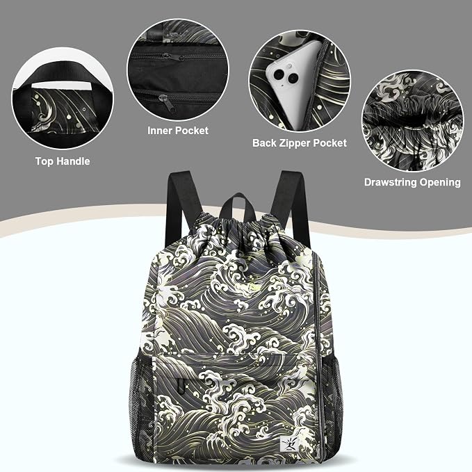 Drawstring Backpack with Mesh Pockets String Gym Bag Sackpack Sandproof Water - Image 4