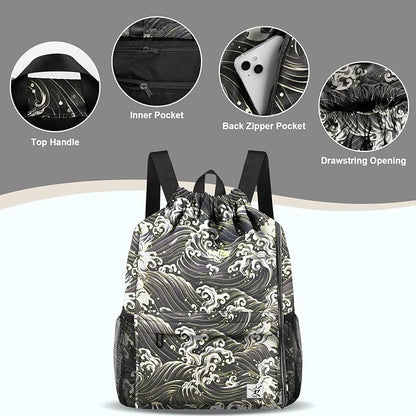 Drawstring Backpack with Mesh Pockets String Gym Bag Sackpack Sandproof Water - Image 4