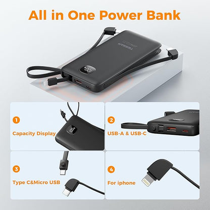 TESSAN Portable Charger with Built in Cables, 10000mAh Power Bank Fast Charging - Image 6