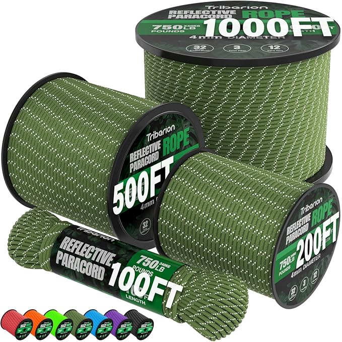 Reflective Paracord Rope 750 lb - 1000ft 5/32" Parachute Cord 4MM 12-Strand by Triberion