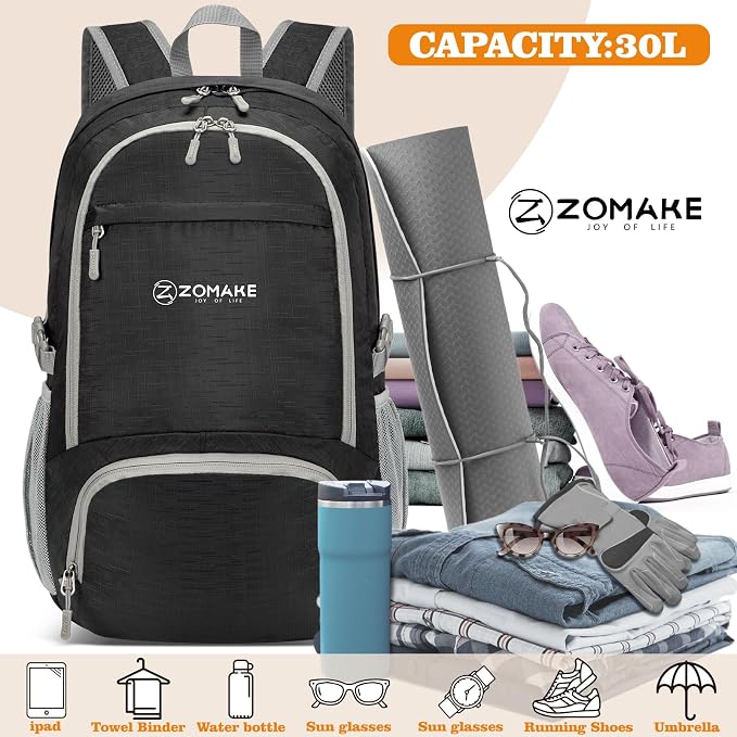 ZOMAKE Lightweight Packable Backpack 30L, Foldable Hiking Backpacks Water - Image 3