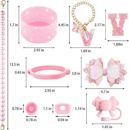 9PCS Pink for Stanley Cup Accessories Set Bling Initials Bow Charms for Stanley - Image 3