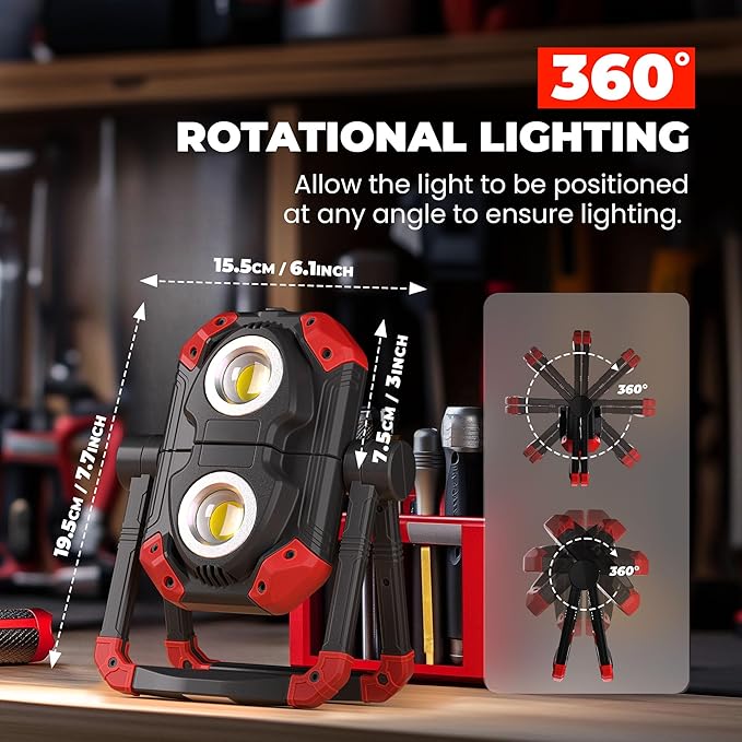 YZONI LED Work Light Rechargeable, 2 COB 2500LM Folding Portable Flood Light - Image 3