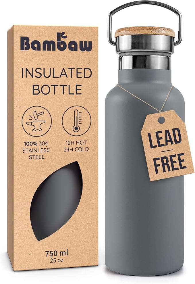Bambaw Travel Water Bottle Stainless Steel 24 oz, Insulated Stainless Steel by Bambaw