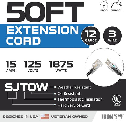 Iron Forge Cable 2 Pack 12 Gauge Outdoor Extension Cord 50 Ft, SJTOW 12/3 Heavy - Image 2
